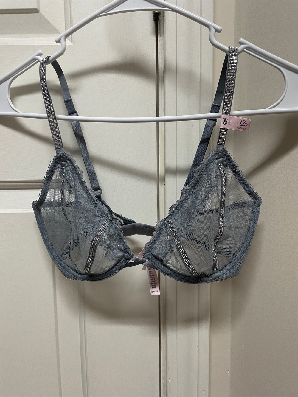 Victoria's Secret Sheer Lace Rhinestone Strap Bra - Gray
